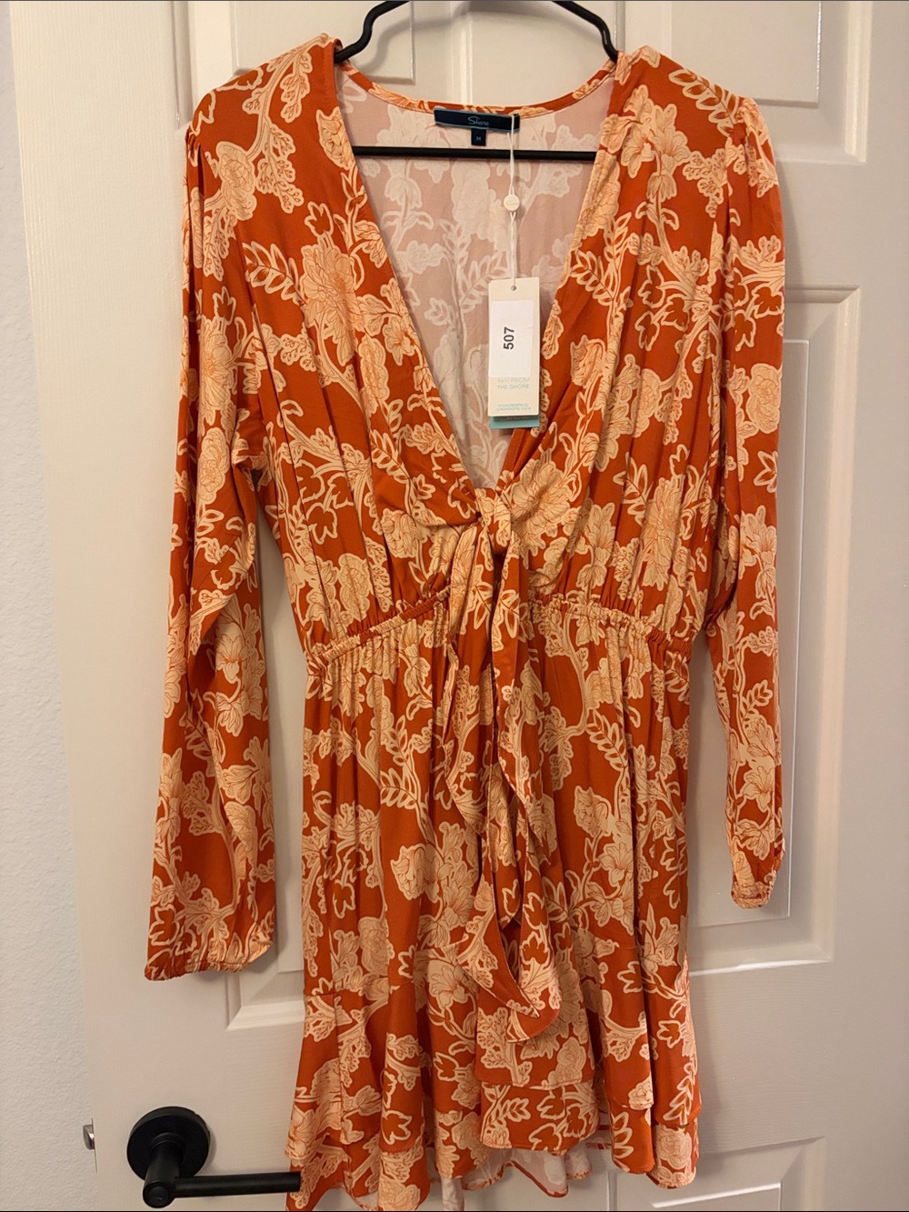 Women's Rust Floral Midi Dress with Tie Front